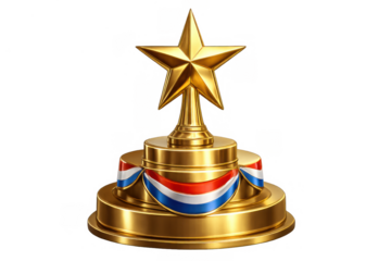 Golden star trophy standing on a tiered podium, wrapped with a ribbon, representing success, award, and champion status. Transparent background