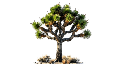 Majestic desert tree isolated on black, with spiky green foliage and tan trunk