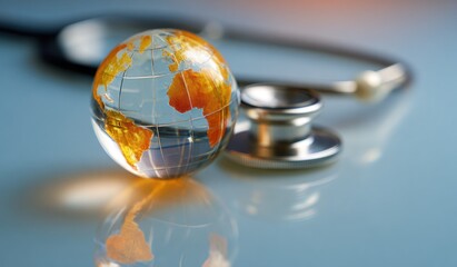 Glass globe representing earth with stethoscope on reflective blue surface symbolizing global healthcare.