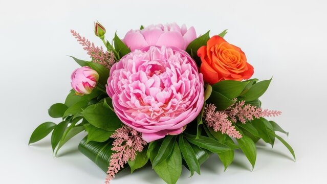 Beautiful pink peony bouquet with orange rose - Powered by Adobe