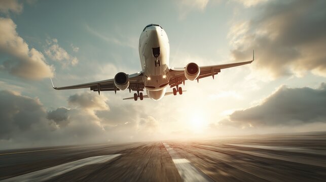 Growth and success in business and career development visualized by a passenger airplane ascending into a radiant sunset sky.