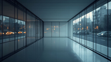 Modern glass office corridor with city reflections and soft lighting, contemporary corporate interior showcasing innovation, professionalism, and sleek architectural design

