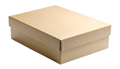 Angled shot of a closed cardboard box with a lid, set against a black background