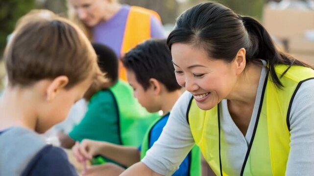 Engaging community volunteers working together with children in outdoor charity event, showcasing teamwork, giving, and joyful collaboration for positive impact