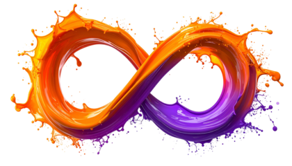 Vibrant infinity symbol rendered in vivid orange & purple liquids, with splashes