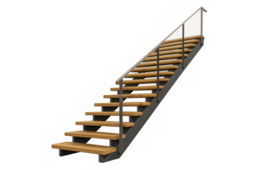 Modern staircase showing wooden steps, a gray metal frame, and contemporary glass railing, isolated on a transparent background