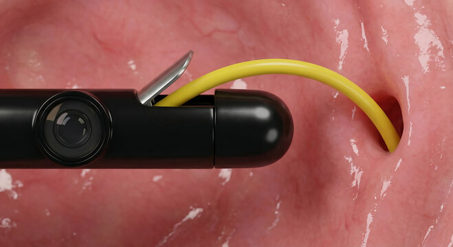 Side-viewing ERCP Duodenoscope with Elevator Mechanism Lifting Catheter into Bile Duct.