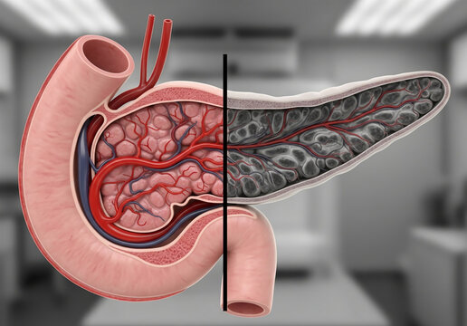 Pancreatic Ischemia Demarcation Line Showing Perfused and Necrotic Tissue