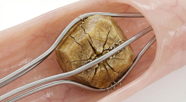 Mechanical Lithotripsy Illustration: Metal Basket Crushing Gallstone Inside Bile Duct - Cross-Section 3D Render