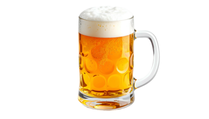 A tall, dimpled glass beer stein filled with golden ale and a frothy white head
