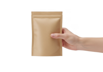 Brown pouch held isolated on transparent background