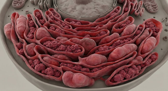 Cutaway of Distended Endoplasmic Reticulum Showing Proinsulin Aggregation in Beta Cell Pathology
