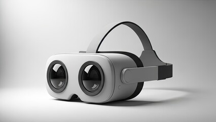 Modern virtual reality headset with sleek design and black lenses on white background