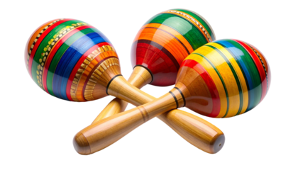 Three vibrantly colored wooden maracas with intersecting handles, isolated on black