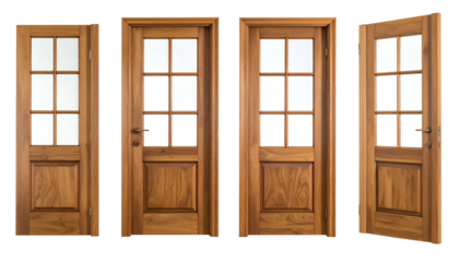 Four wooden doors with glass panes and panels, shown at different angles