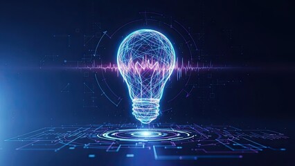 Innovative technology concept with glowing blue lightbulb and circuit board