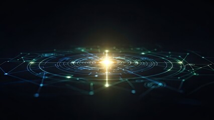 Vibrant network connections radiate from glowing center in dark space