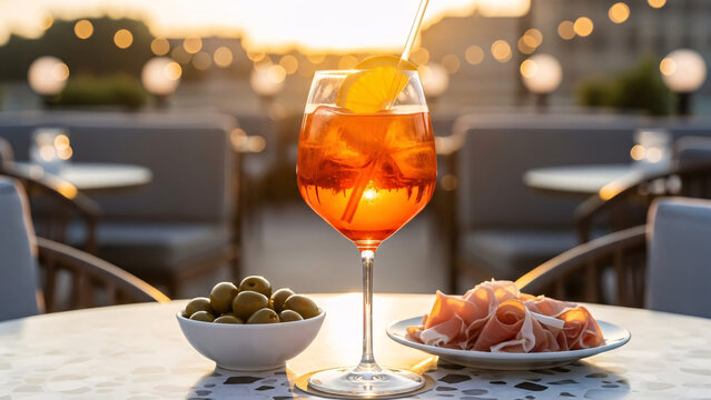 A refreshing Aperol Spritz served with green olives and prosciutto at golden hour on a rooftop patio.
