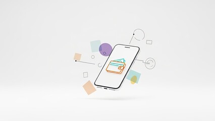 Mobile wallet on smartphone with colorful geometric shapes floating around