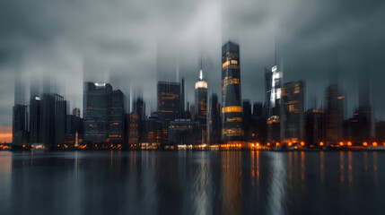 Obraz premium Blurred city skyline at dusk over calm water, dynamic urban motion effect capturing modern metropolis atmosphere, speed, energy, and contemporary city lifestyle 
