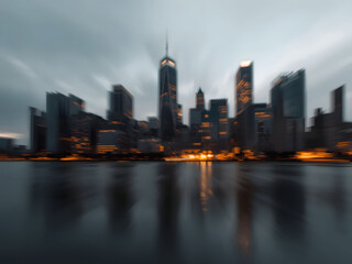 Obraz premium Blurred city skyline at dusk over calm water, dynamic urban motion effect capturing modern metropolis atmosphere, speed, energy, and contemporary city lifestyle 
