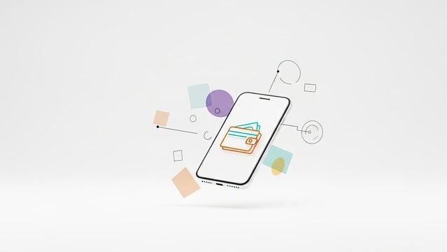 Mobile wallet on smartphone with colorful geometric shapes floating around - Powered by Adobe