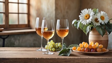 White wine glasses, daisies, and fruit still life by window