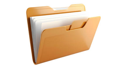 A realistic, open file folder filled with white paper, isolated on black background