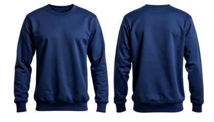 Front and back views of a plain, dark blue crewneck sweatshirt on a black background