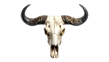 Bovine skull with large, curved horns, centered against a black backdrop, well-lit