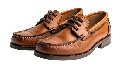 A pair of brown leather boat shoes with laces, isolated on a black background