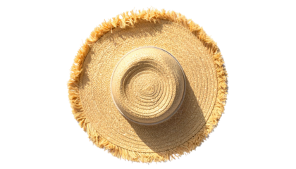 Overhead view of a sun hat with a wide brim, a central crown, and a fringe