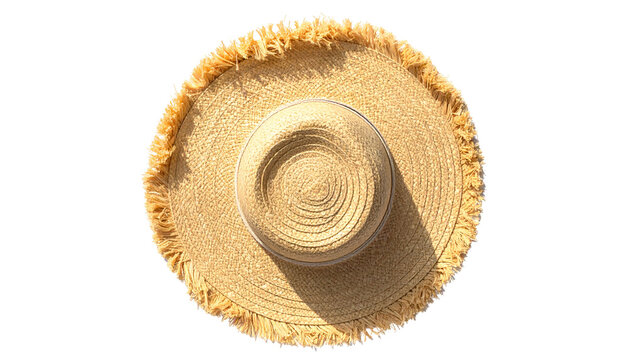 Overhead view of a sun hat with a wide brim, a central crown, and a fringe