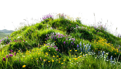 Vivid green hill bursting with colorful wildflowers, detailed foliage under bright sunlight