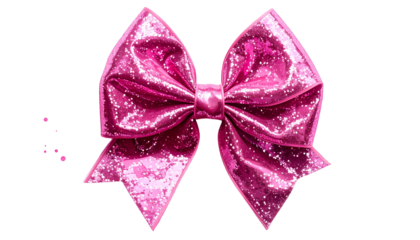 A close-up of a sparkling pink bow against a black background