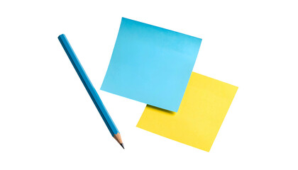 A cyan pencil lies near two square sticky notes, one blue and one yellow, on black