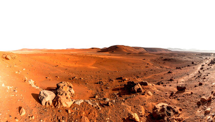 Panoramic view of a rocky, orange, Martian landscape under a black sky