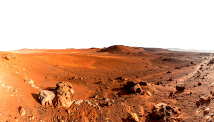 Panoramic view of a rocky, orange, Martian landscape under a black sky
