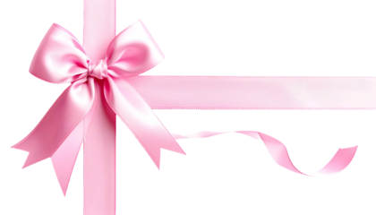 Pink satin ribbon tied in a bow, crossing over itself with flowing tail ends