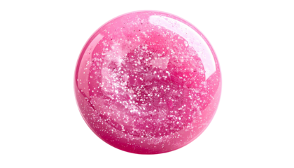 Close-up of a pink, glossy orb with internal shimmer, against a solid black backdrop