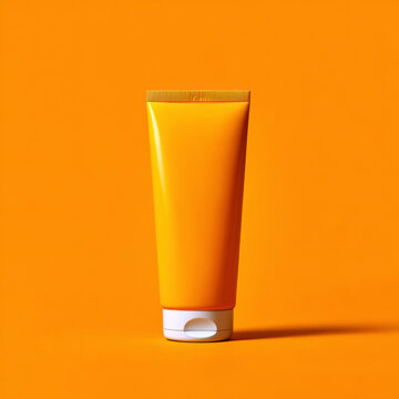 Yellow unbranded cosmetic tube with blue cap on minimal background, suitable for skincare, sunscreen, personal care products, packaging mockups, branding, advertising, and commercial marketing use.