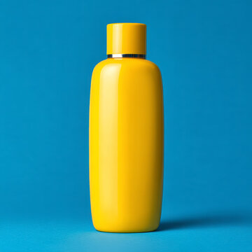 Minimal orange cosmetic bottle on blue background, unbranded packaging design suitable for skincare, sunscreen, personal care, beauty advertising, product mockups, and modern brand marketing visuals.