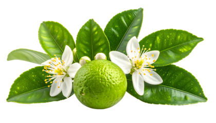 A vibrant lime with blossoms and glossy green leaves against a transparent backdrop