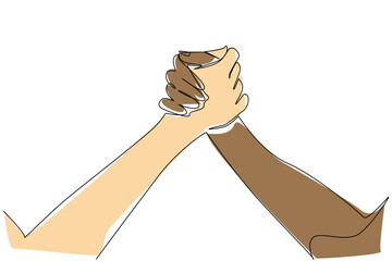 A continuous line drawing of two hands clasped together in different skin tones symbolizes unity, trust, and equality for Race Unity Day, promoting peace, solidarity, and mutual respect.