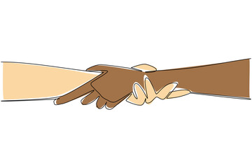 A continuous line drawing of two hands clasped together in different skin tones symbolizes unity, trust, and equality for Race Unity Day, promoting peace, solidarity, and mutual respect.