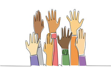 A colorful continuous line drawing of diverse group raised hands represents solidarity, diversity, and equality for Race Unity Day, highlighting global unity, cooperation, and cultural respect.