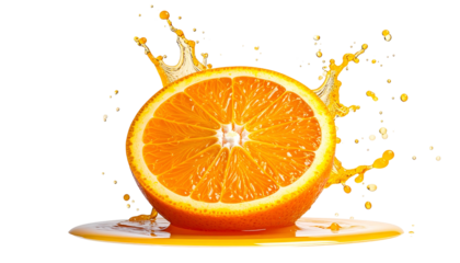 Sliced orange fruit with juice splash against a black background