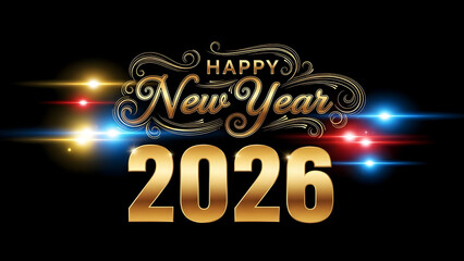 Happy new year 2026 celebration with golden text and sparkling lights