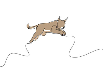 Obraz premium Continuous line drawing of a lynx gracefully leaping, representing agility and wildlife beauty. Nature concept for International Lynx Day highlights animal strength and conservation theme.