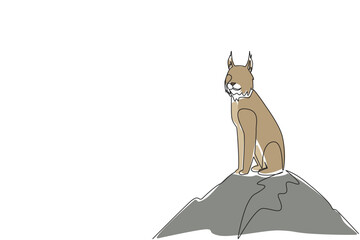Obraz premium Single line drawing of a lynx sitting on a mountain rock, embodying strength and nature beauty. Nature concept artwork for International Lynx Day, promoting wildlife preservation theme.